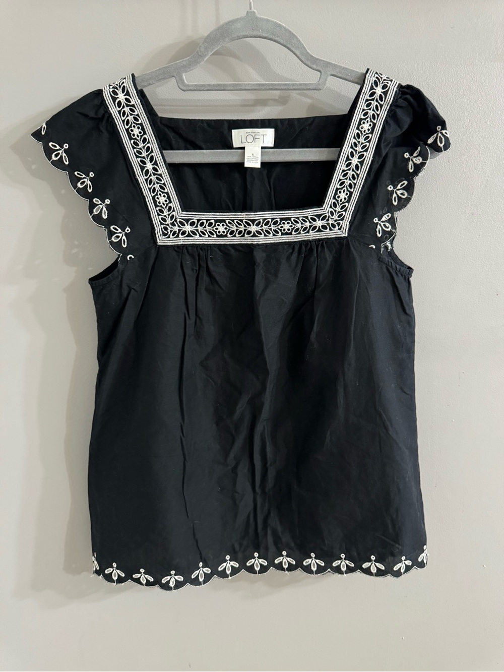 LOFT Black Square-Neck Embroidered Cap-Sleeve Top